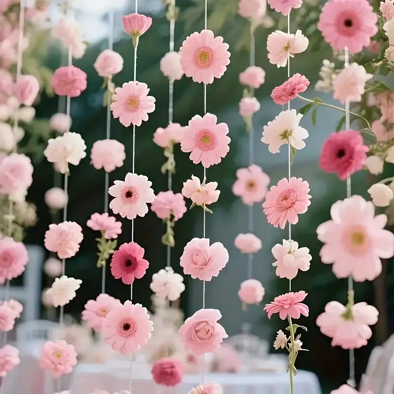 56 pink floating flowers, 5 sticky hooks, 1 roll of transparent string, can be DIY hung decorations, colors are random, rain scene design - perfect for creating a spring and Christmas atmosphere, also suitable for weddings.