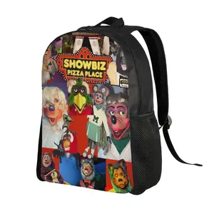 Vintage Collage Block Background Classic Showbiz Pizza Place Neon Sign Full Animatronic Mascot Character Print Large Capacity Backpack Water Resistant Unisex Teen Student School Rucksack Breathable Mesh Padded Shoulder Straps Elastic Mesh Water Bottle Sid