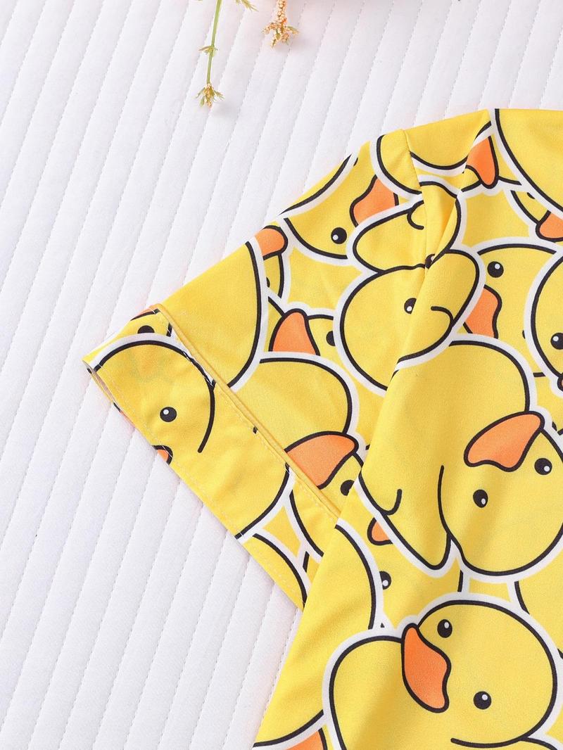 Girl's Cartoon Duck Print Top & Elastic Waist Shorts Pyjama Two-piece Set, Cute Comfy Short Sleeve Top & Shorts Pajamas Set, Kids Sleepwear for All Seasons, Pajama Set, Pajamas Loungewear