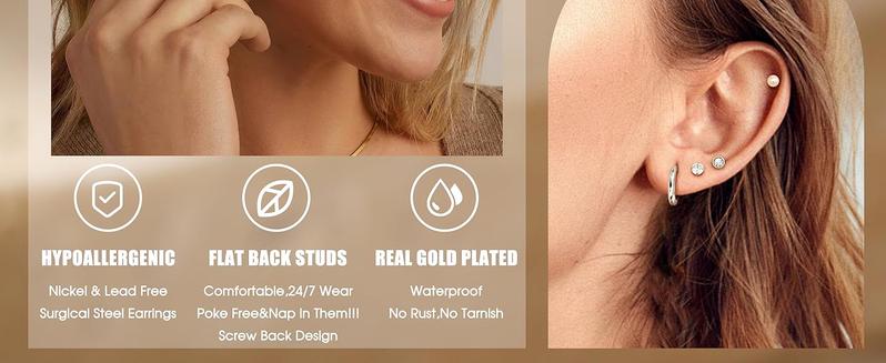 LOLIAS 21Pairs Surgical Steel Flat Back Stud Earrings Hypoallergenic 20G Screw Back Nap Stack Cartilage Earring Stacks