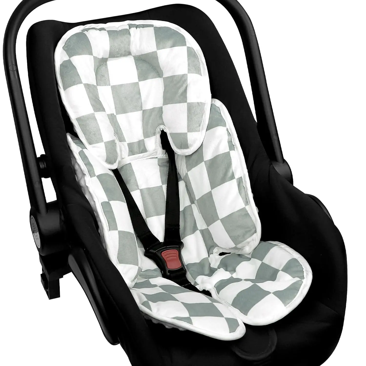 2-in-1 Newborn Fit Infant Car Seat Insert - Soft Fabric Head Support, Checkerboard Green, for Car Seats, Strollers