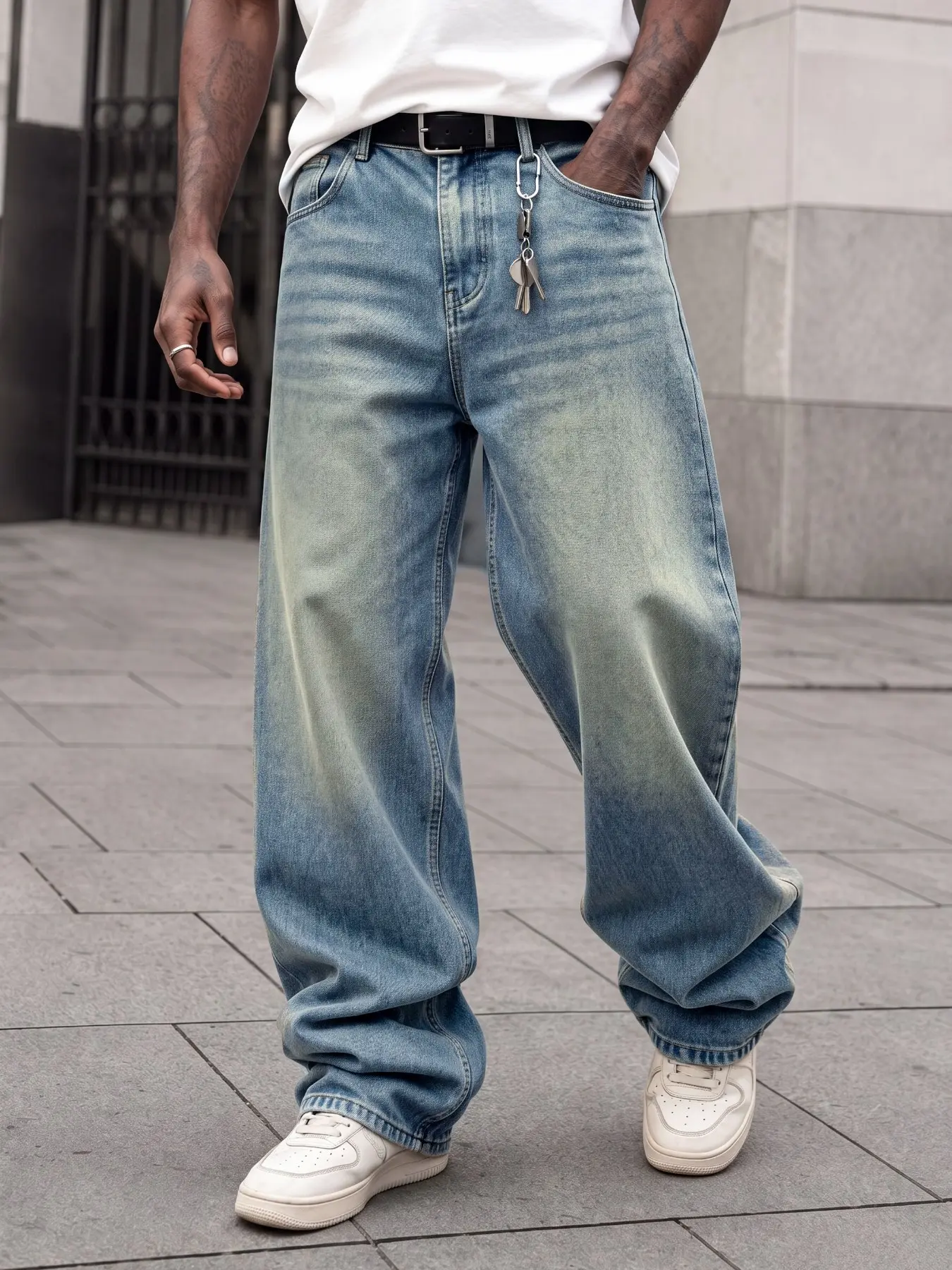 Men's light blue washed denim pants, loose straight-leg fit, American street casual style, suitable for daily outfits Streetwear