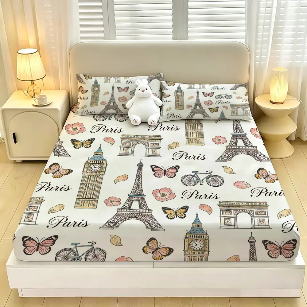 A 3‑piece digital‑printed bedding set, Paris architecture butterfly flower print, includes 1 bedspread and 2 pillowcases, no filling, soft comfortable fabric with deep pocket design, ideal gift choice