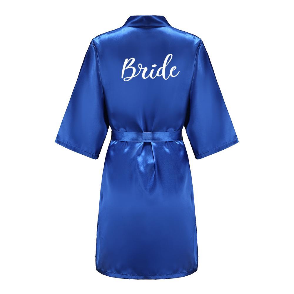 Wedding Party Team Bride Robe With White Letters Kimono Satin Pajamas Bridesmaid Royal Blue Bathrobe
