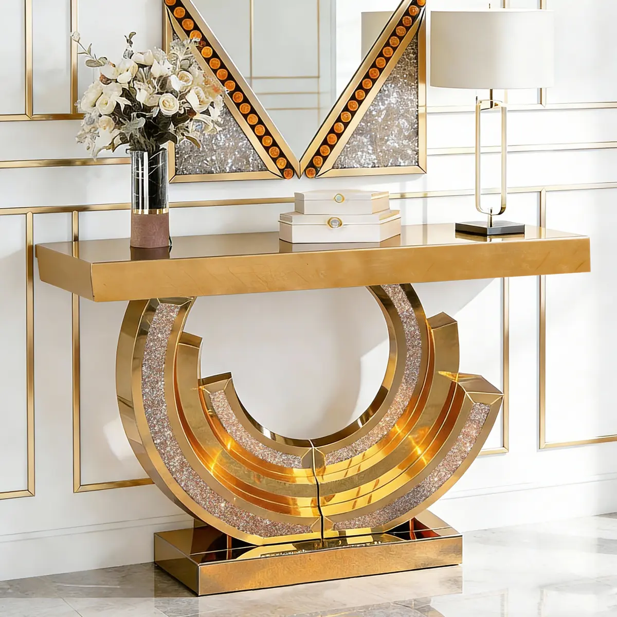 Mirrored Console Table, 42.9" Rectangle Sofa Table with Sparkling Crystal 3C Shaped Base,Entryway Sofa Table,Modern Luxury Mirrored Furniture with Diamond Glass Effects,Brown