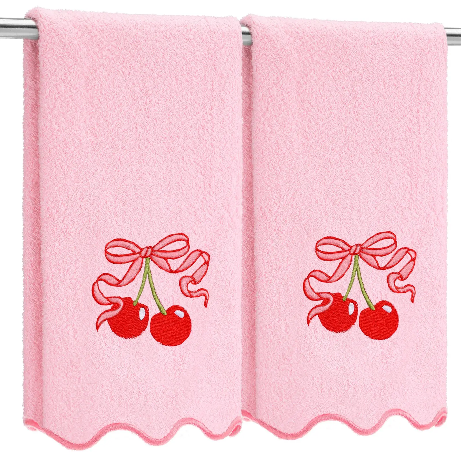 Set of 2 Cherry Bow Scalloped Hand Towels Measuring 26 X 13, Featuring Embroidered Coquette Cherry Bow Design, Perfect for Bathroom Decor. Made from 100% Cotton, These Soft And Absorbent Towels Are Ideal for Both Kitchen And Bathroom Use