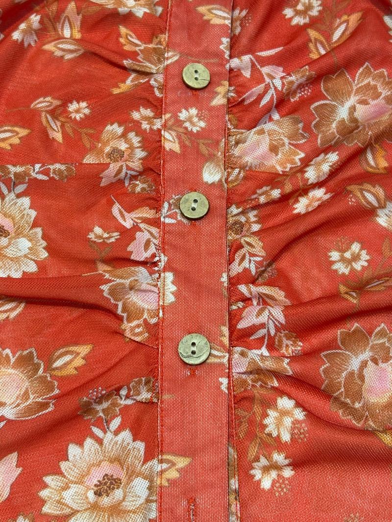 Women's Floral Print Slim Fit Vintage Shirt, Casual Vacation Wear, Valentine's Day Versatile Mesh Top, Spring & Fall Fashion