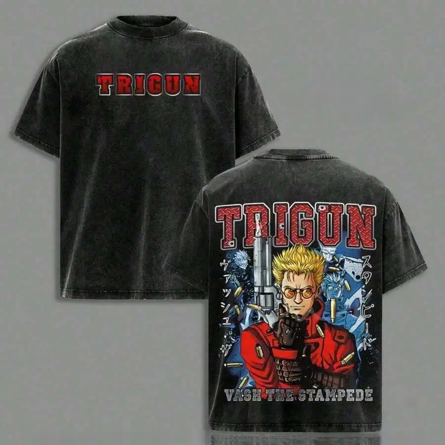 Retro Anime Fan Retro Washed Double Sided Print Trigun Vash Tee Soft Cotton Relaxed Crew Neck Short Sleeve Shirt Vintage Grunge Japanese Streetwear Weekend Party Travel Casual Fashion Top
