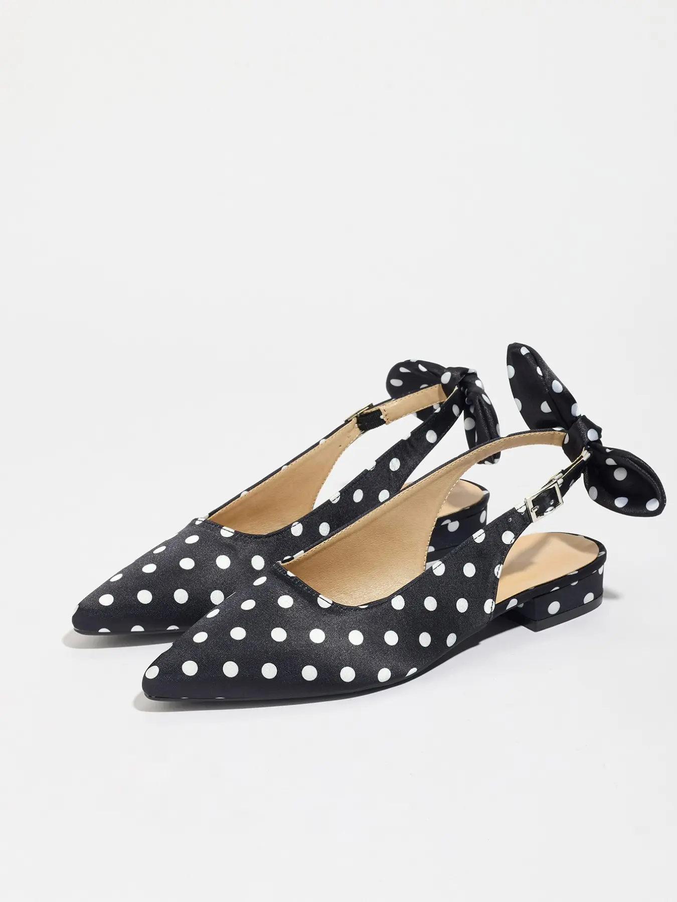 Women's Polka Dot Fashion Single Shoes, New Pointed Toe Mary Jane Flat Shoes, Elegant Design with Bow and Back Strap, All Seasons