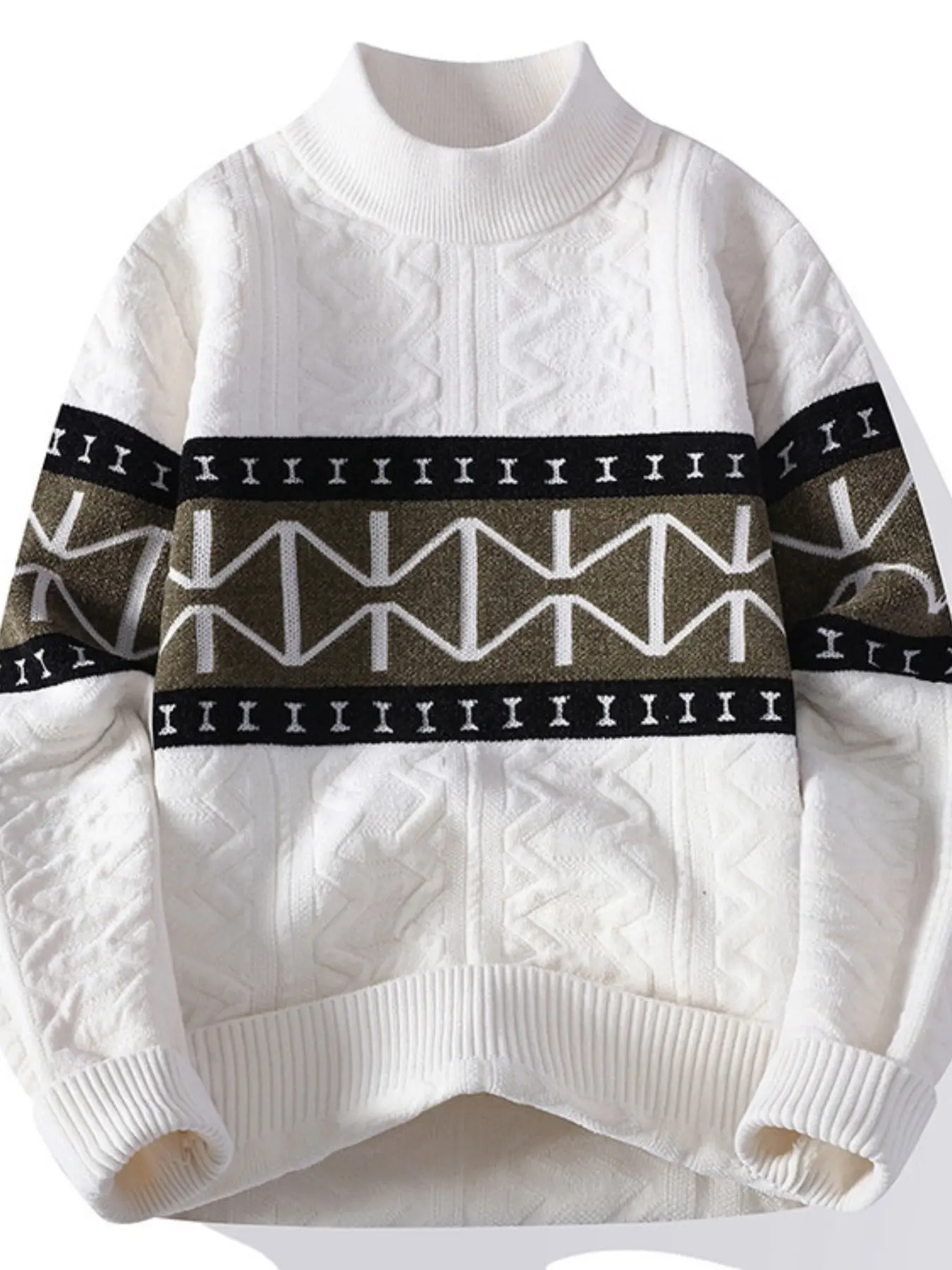 Men's Knitted Sweater, Vintage Colorblock Geometric Jacquard Pullover, Thick Soft Warm Long Sleeve Top, Casual Streetwear for Fall Winter