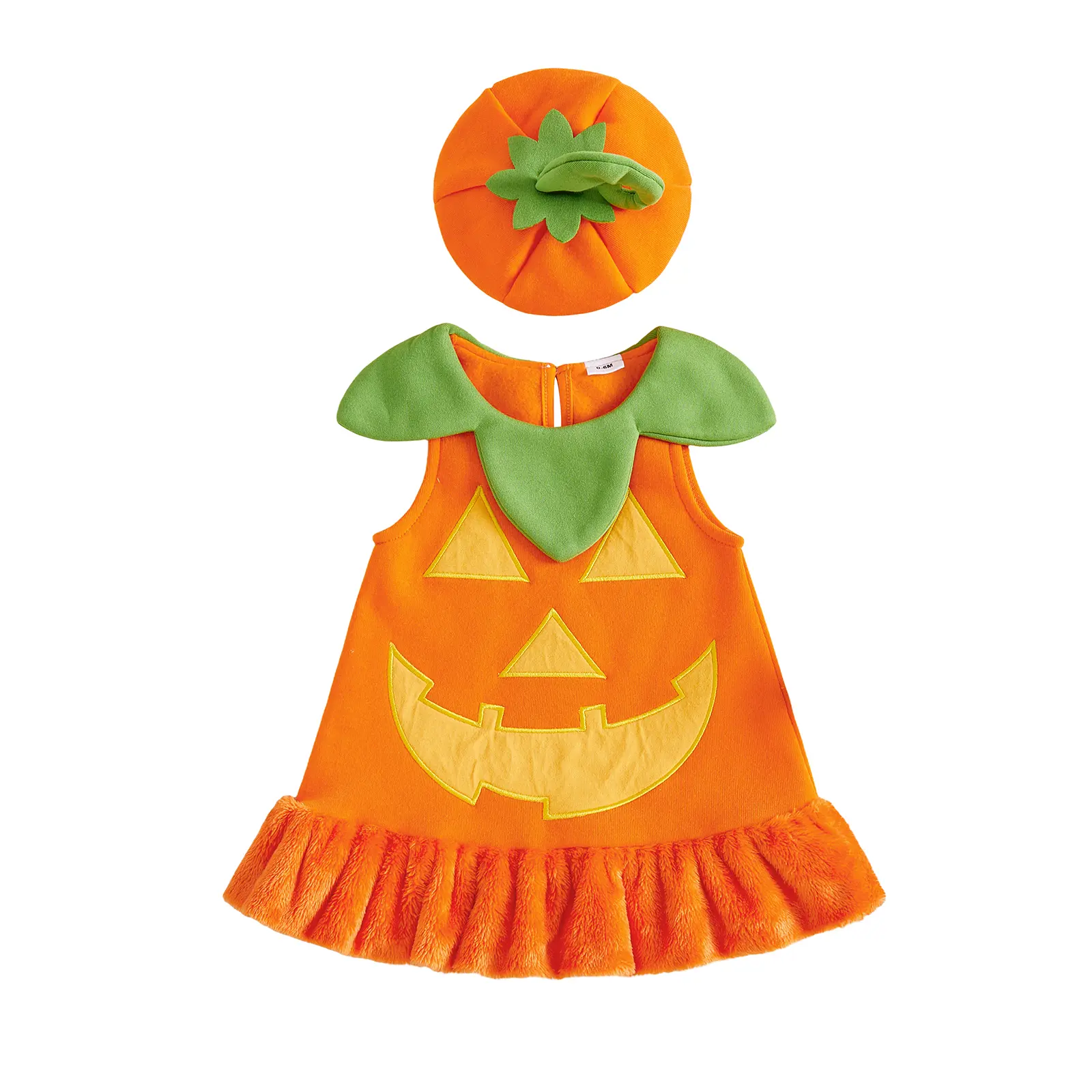 FOCUSNORM Toddler Baby Girl Halloween Costume Sleeveless Pumpkin/Ghost Cosplay Dress Fuzzy Ruffle Hem with Pumpkin/Ghost Hat 0-3T