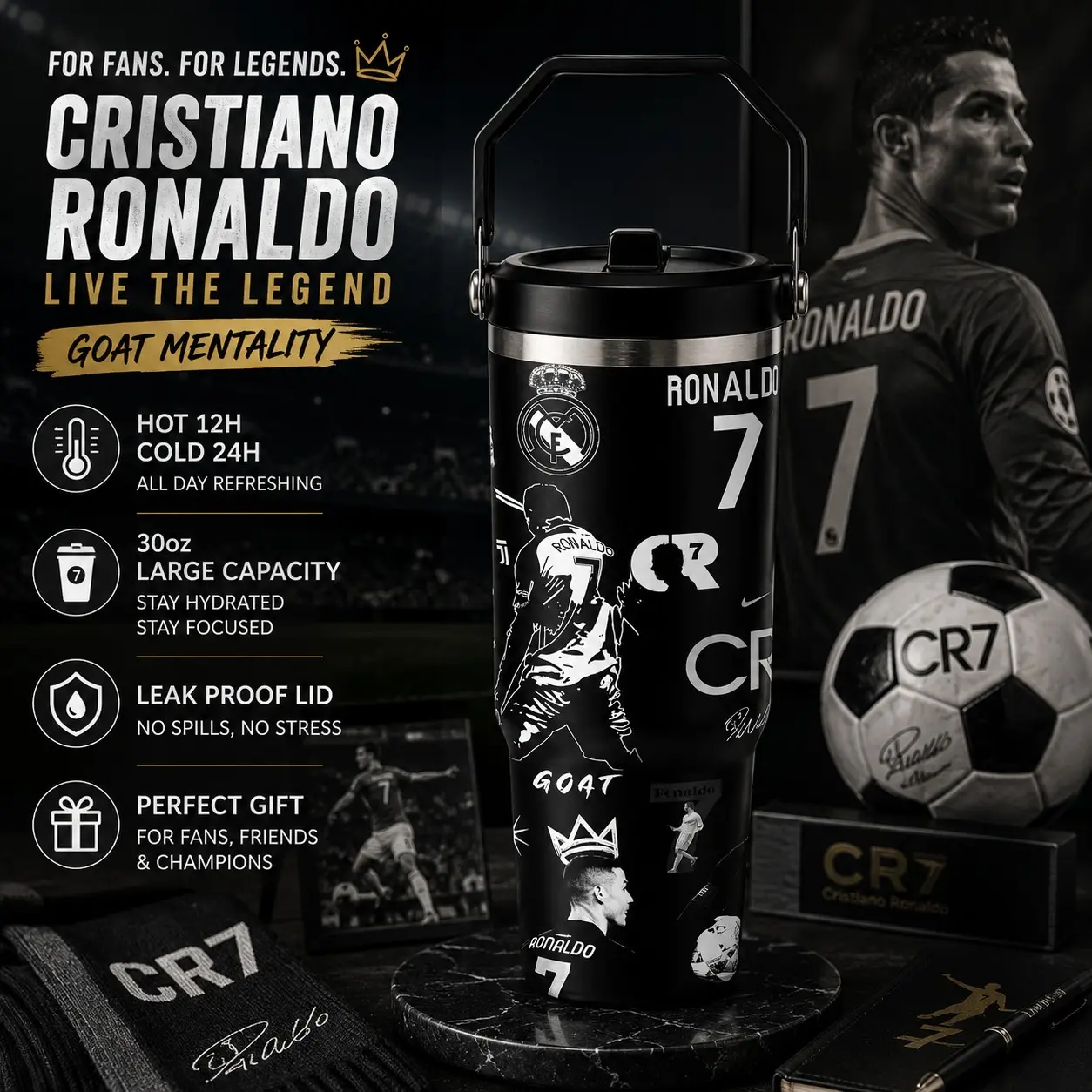 1 Pc 30oz Cristiano Ronaldo CR7 Soccer Insulated Mug, Double Wall, Leak-Proof Lid, Hot Drinks Stay Warm 12H, Cold Drinks Stay Cold 24H, Perfect Fan Gift, Stylish & Durable, Ideal for Daily Use, Office, Gym, Travel, Outdoor Activities