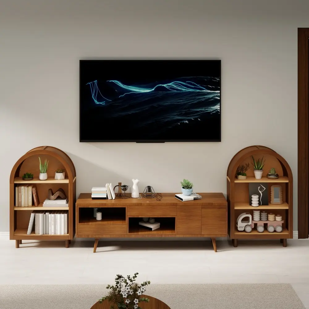 Littleox Arched Small Bookcase, Arched Storage Cabinet, Walnut Wooden Modern Arched Top Bookshelf with 3 Shelves, 3-Tier Storage Shelf with Glaze Finish for Living Room, Bedroom, Entryway