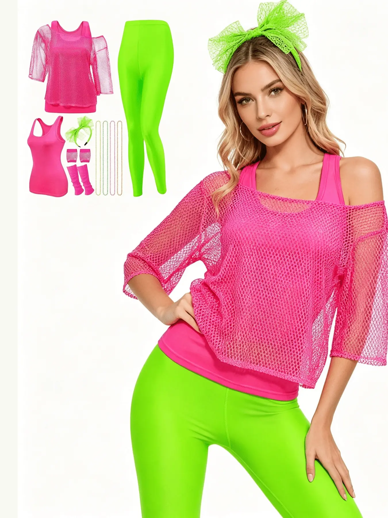 80s Retro Party Festival Outfit Set Fishnet T Shirt Tank Top Leggings Dance Costumes with Accessories