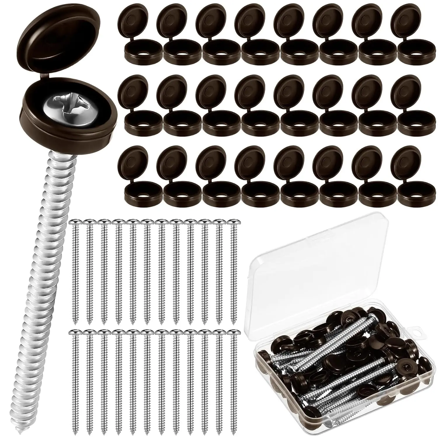 24-Set Musket Brown 3-Inch 304 Stainless Steel Shutter Fasteners Kit - Includes Screws, Caps, Pins for Shutters, Rails, Windows; Outdoor Hardware with Vinyl Covers for Clean Look