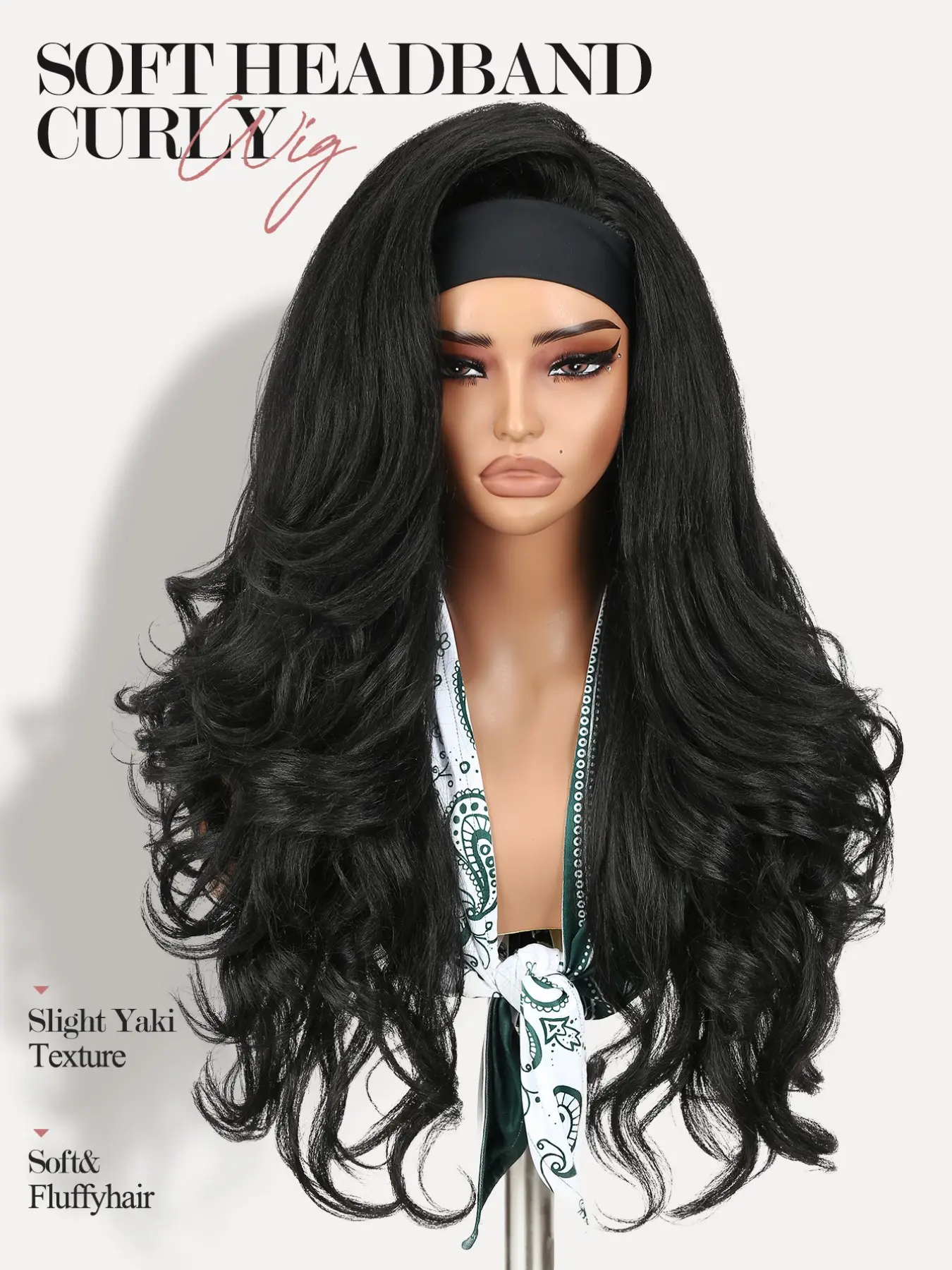 Yaki Body Wave Headband Wig for Women, Synthetic Fiber Wigs Curly Wavy 26 Inch Long Kinky Straight, Glueless Lightweight, Heat Resistant, Daily Use