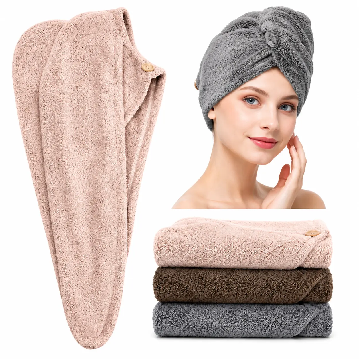 3 Pack Microfiber Hair Towel Wrap for Women, Super Absorbent Quick Dry Hair Turban Towel with Button, Soft Anti-Frizz Hair Drying Towels for Curly Long Thick Hair