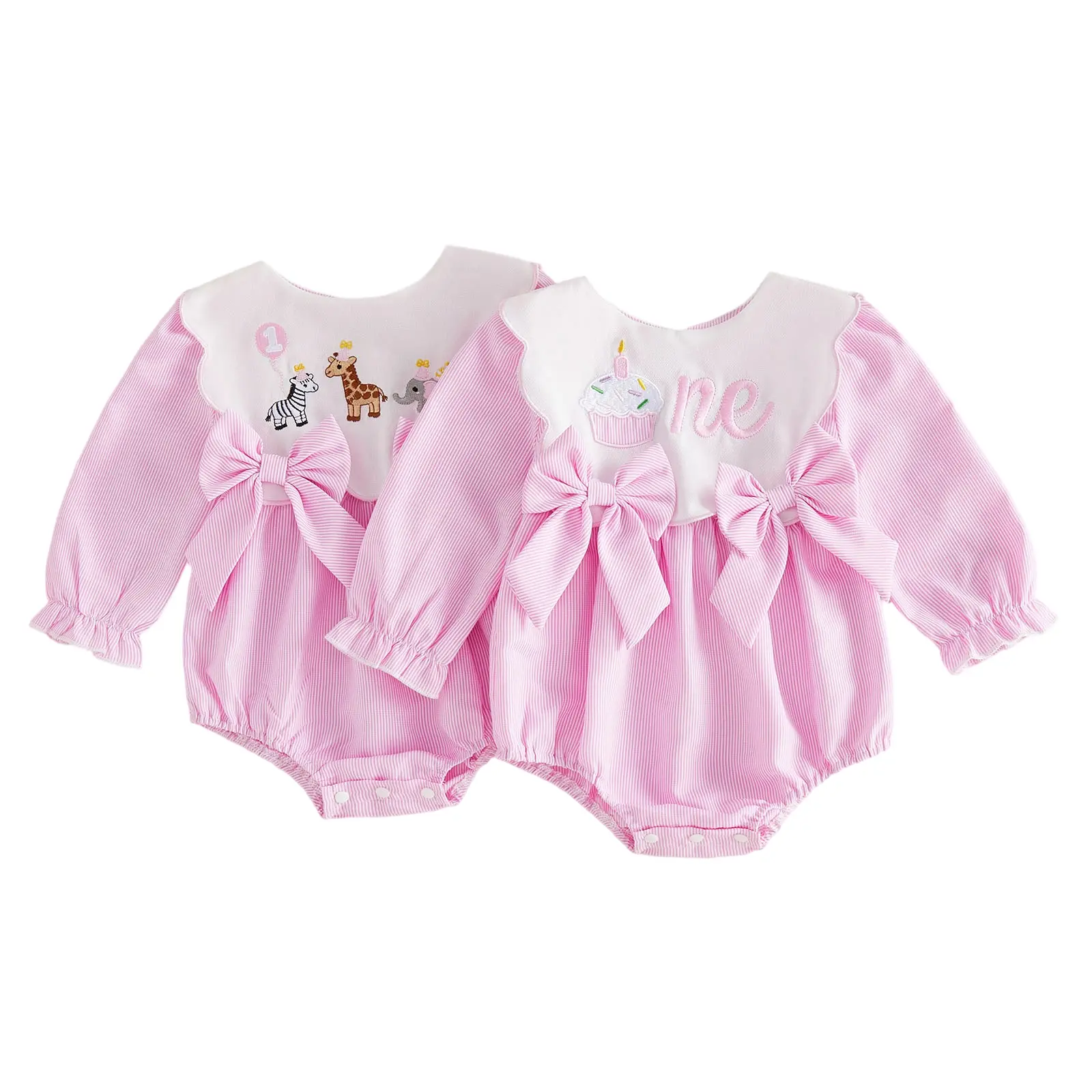 Infant Baby Girl My First Birthday Romper Cake/Animal Embroidery Double Bowknot Bodysuits 6-18 Months