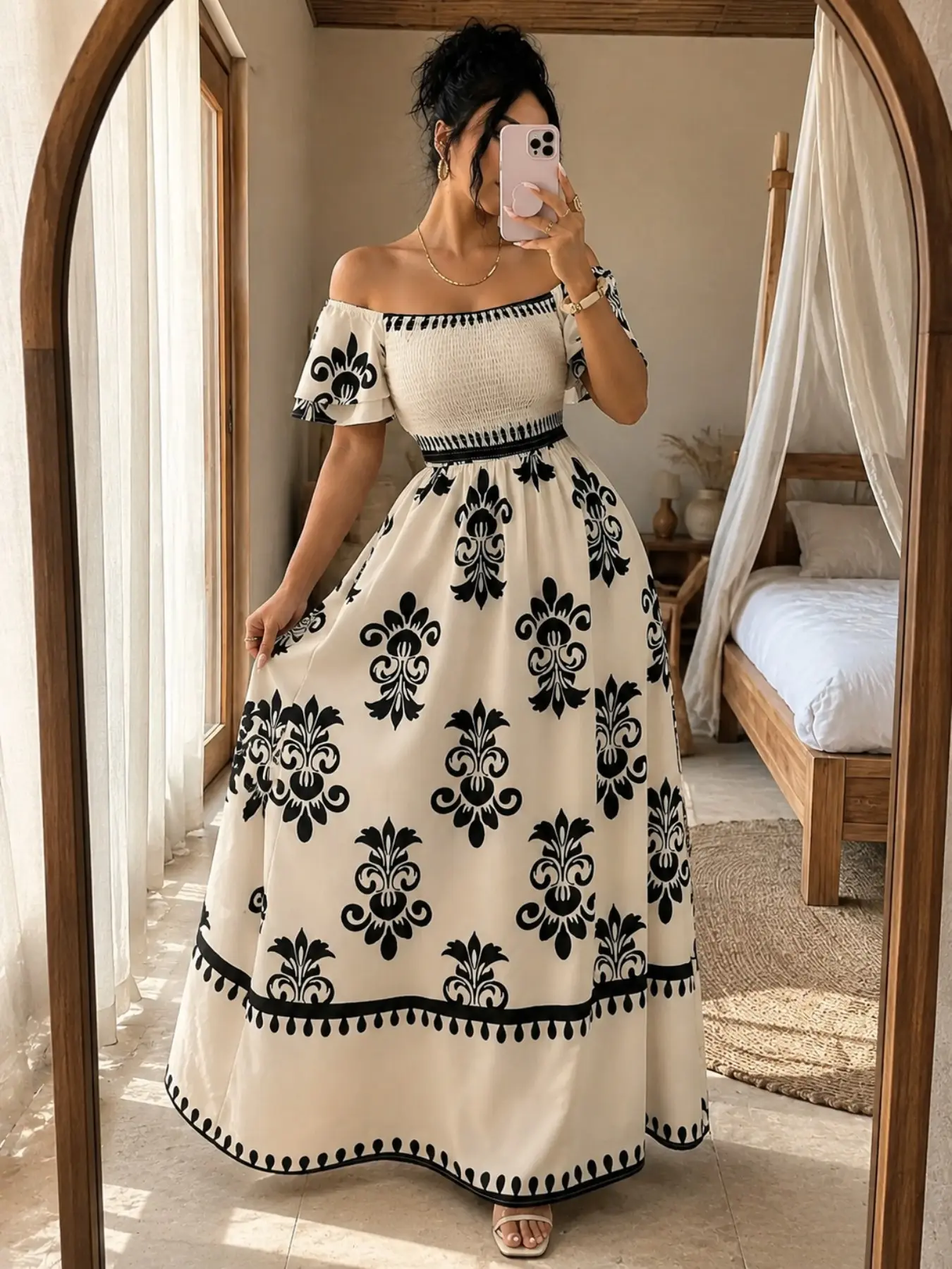 Women's Summer Print Long Dress, Vintage Chic Vibe Versatile Off-Shoulder Design, Perfect for Daily Wear, Office, Vacation, Parties, Elegant Style