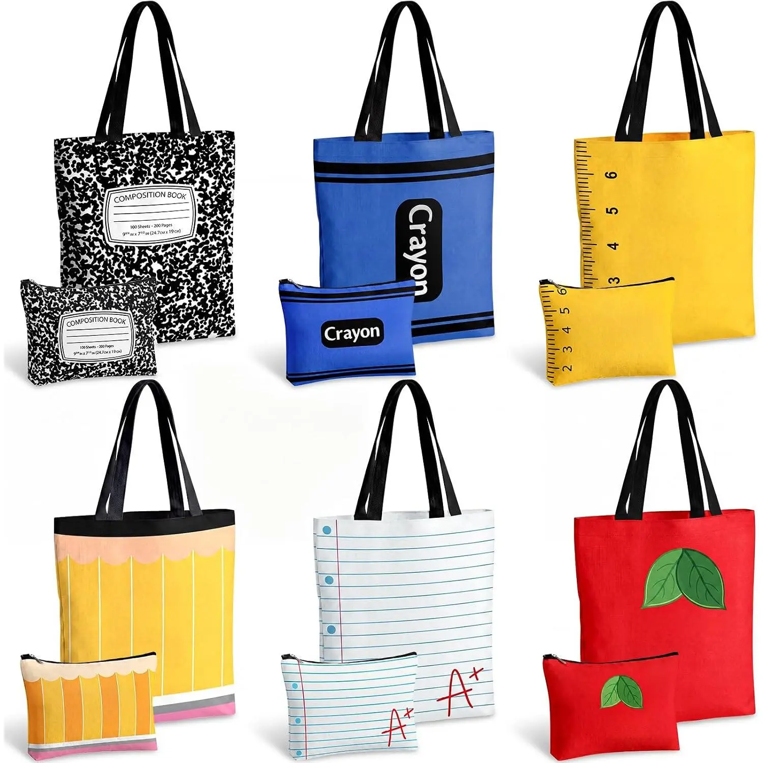 12 Pcs Back to School Canvas Tote Bag with Makeup Bags Bulk Pencil Crayon Composition Notebook Reusable Grocery Bags First Day of School Gift for Teacher Students Classroom Party Favors