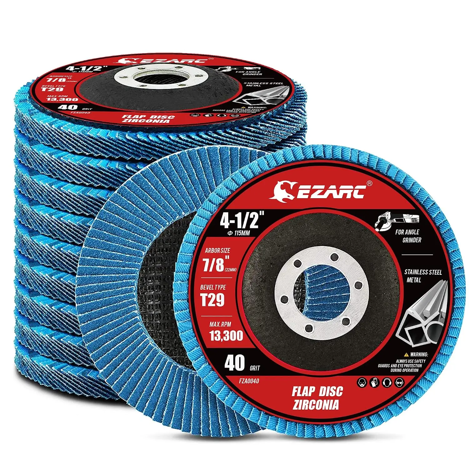 Zirconia Flap Disc 10-Pack, 40 Grit, 4.5-Inch x 7/8-Inch Type 29, Power Tool Accessory for Metal/Wood Stock Removal, Weld Grinding, 10-Packs