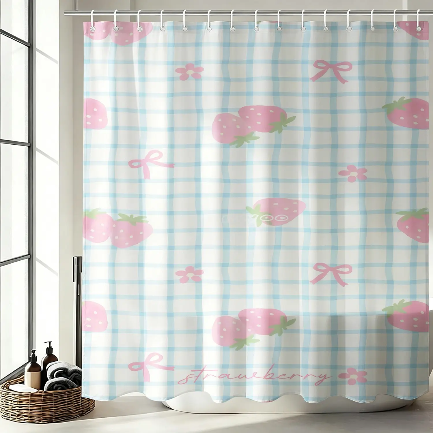 Coquette Strawberry Gingham Shower Curtain, Light Blue White Plaid Pink Strawberry Bow Digital Print Shower Partition Curtain, Waterproof Polyester Shower Curtain with Hooks Included, Decor for Bedroom, Dorm, Apartment