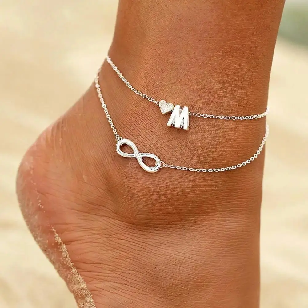 Bohemia A-Z Letter Initial Anklet For Women Silver colors Initial Heart Anklet Bracelet Leg Chain Beach Party Travel Foot Jewelry