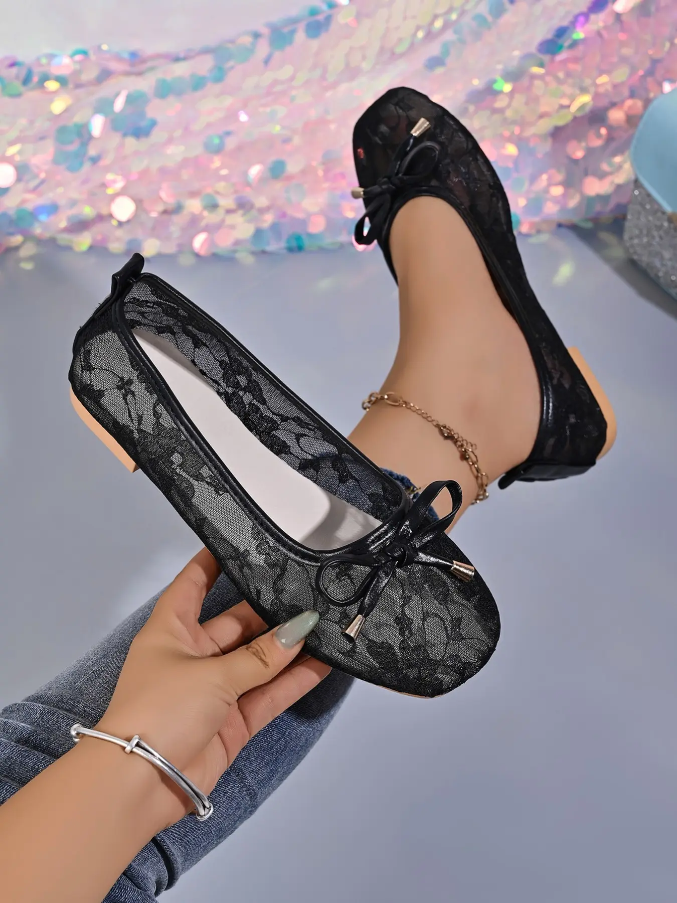Bow Lace Mesh Flat Shoes, Breathable Low Top Fairy Style, Soft Sole Ballet Lazy Shoes, Casual All Seasons Footwear