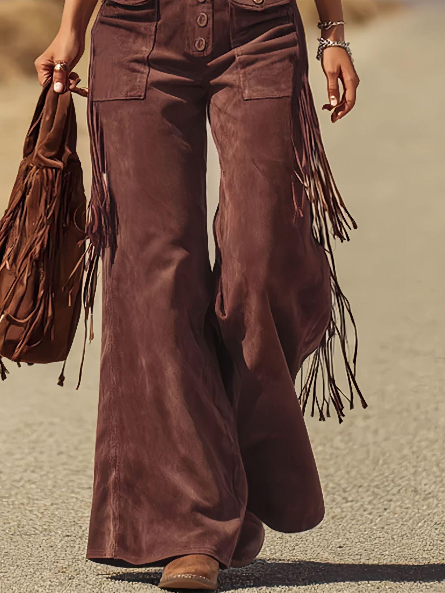 Women's Retro Faux Suede Fringe Wide-Leg Cargo Pants