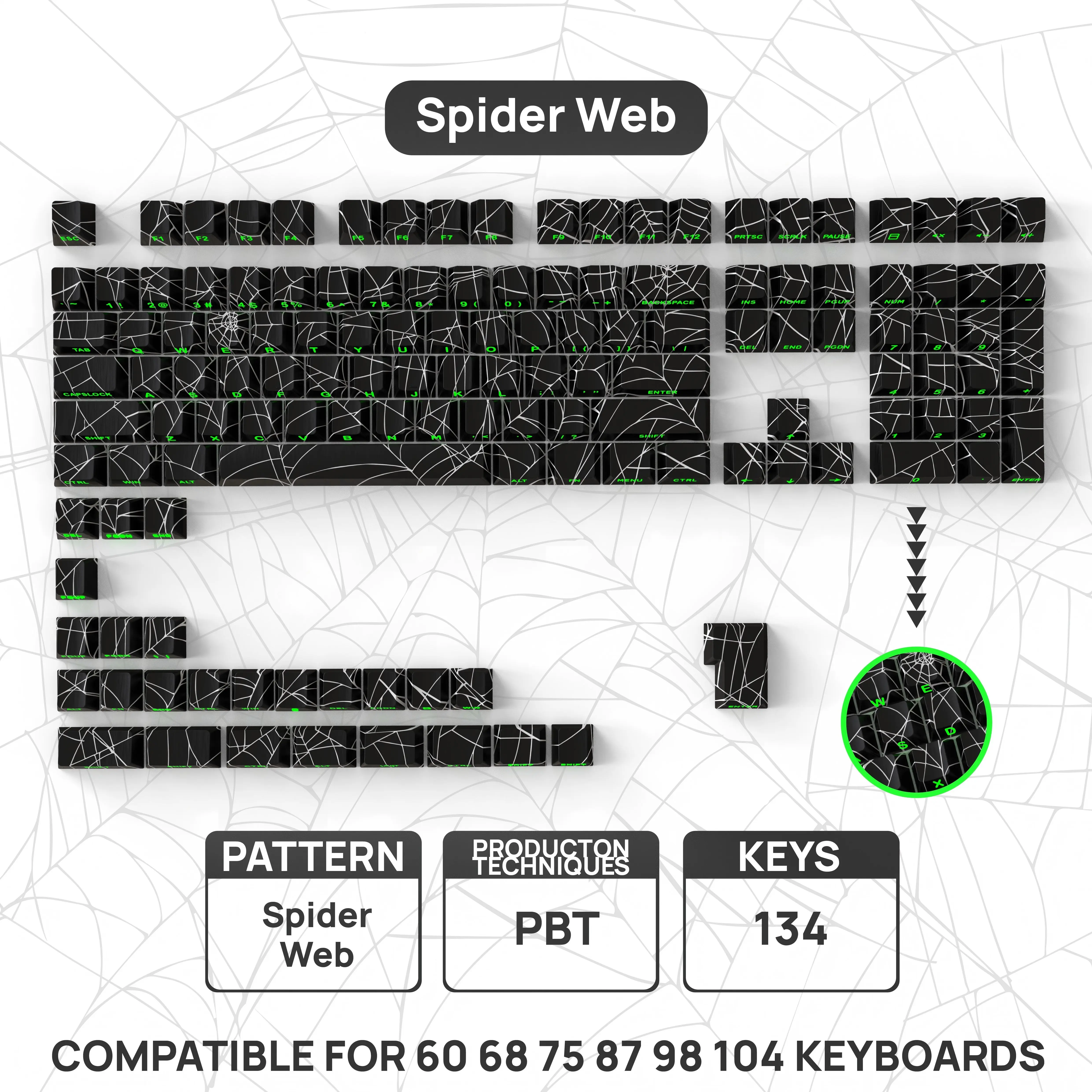 PBT Spiderweb-Themed Keycaps, 134-Keys Full 5-Sided Dye Sublimation,  Translucent Side Legends for Mechanical Keyboards