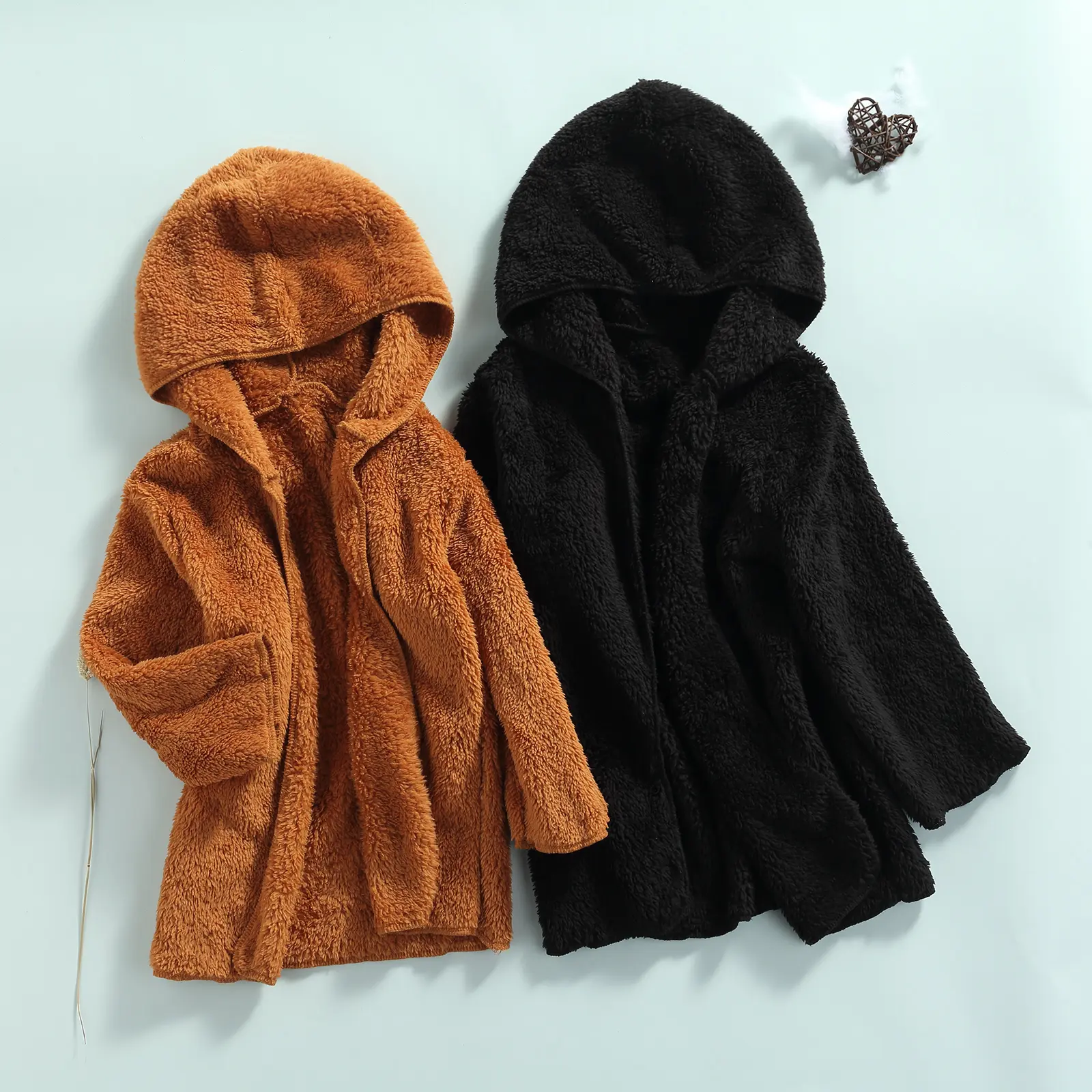 Toddler Baby Girl Boy Hooded Plush Jacket Baby Open Front Solid Color Long Sleeve Outerwear