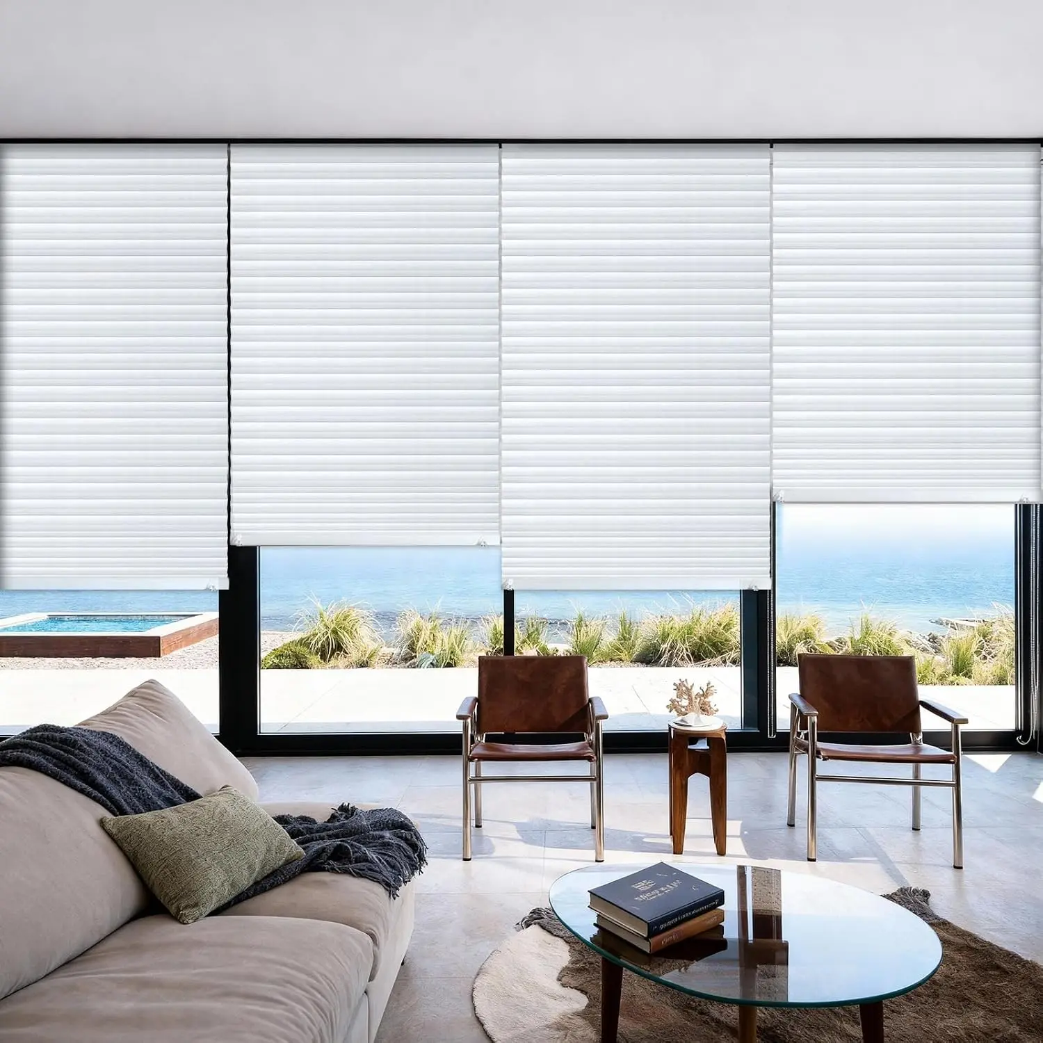 4 Pcs 48 x 110 Inches Temporary Blinds for Indoor Windows Blackout No Tools Cut to Size Fabric Paper Pleated Shades Adhesive Privacy Blinds for French Door Sliding Door Light Filtering(White)