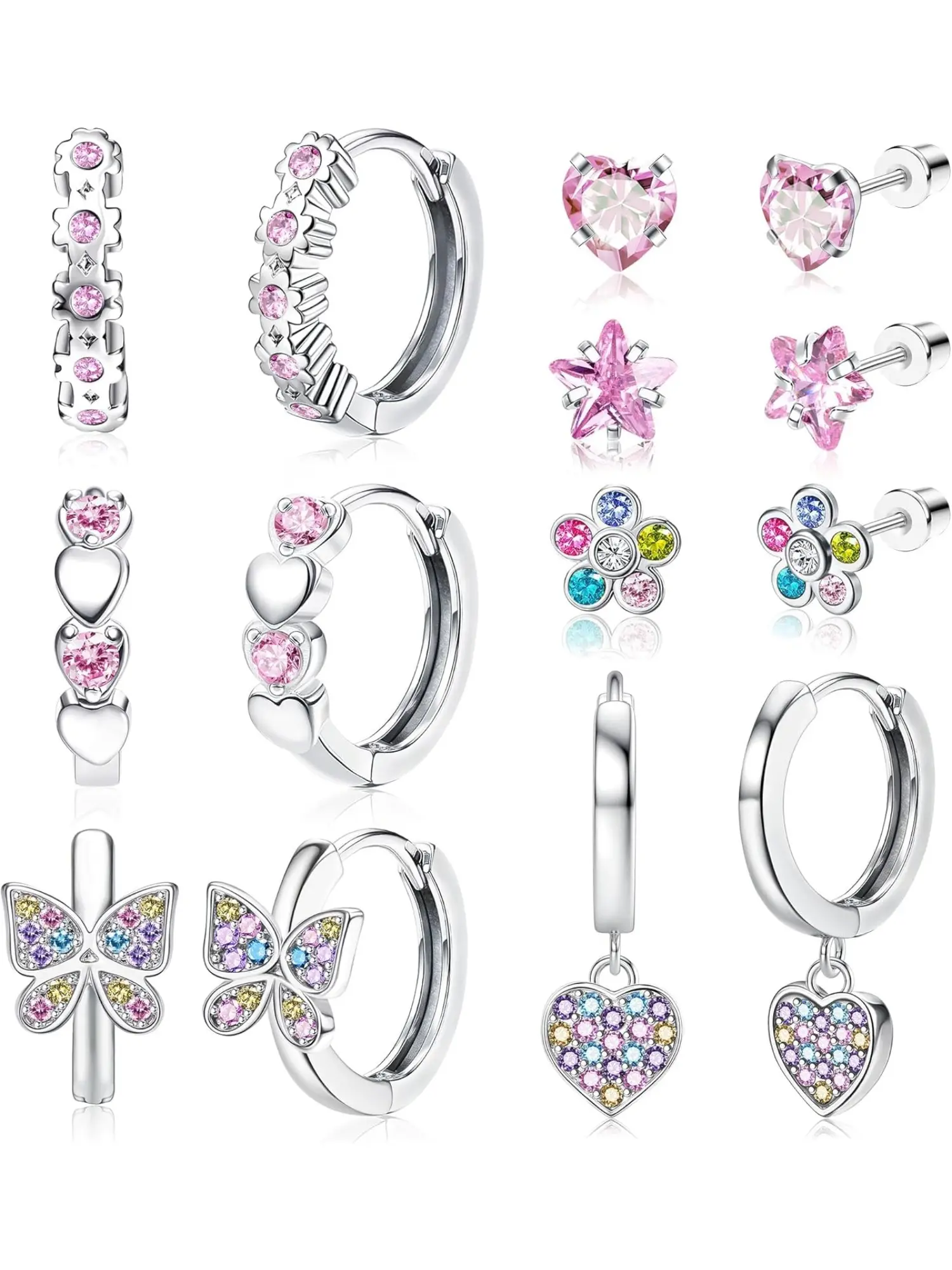 7 Pairs Hypoallergenic Surgical Steel Screw Back Huggie Hoop Earring Set for Girls & Sensitive Ears, Tiny Colorful Pink CZ Cute Dangle Stud Earrings, Ideal for Daily School Dating Party Beach Wear