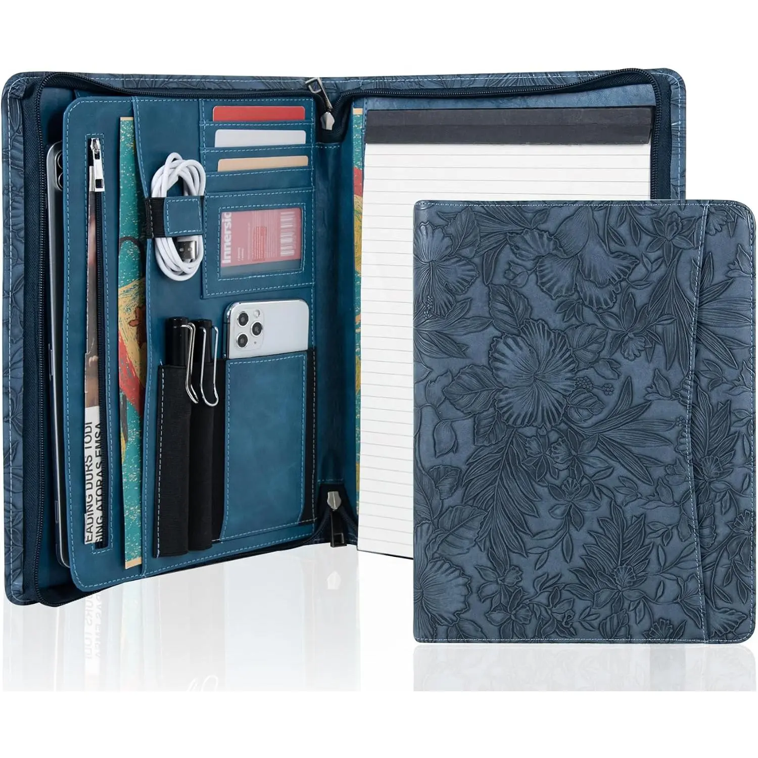Women's Embossed Leather Padfolio - Professional Office Desk Organizer with A4 Size Notepad Holder, Zippered Binder for 13" iPad/Tablet