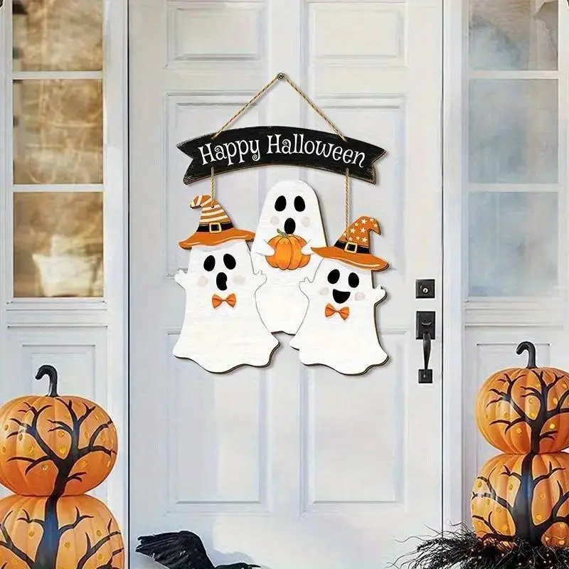 Happy Halloween Wooden Ghost Sign, Front Door Decoration, Indoor and Outdoor Puppet Decor, Durable Wood Craft Sign, Perfect for Halloween Door Decor