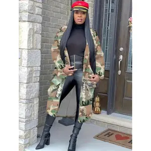 Women's Camo & Letter Print Lapel Trench Coat, Casual Fashion Long Sleeve Open Front Coat for Daily Outdoor Wear, Ladies Clothes for All Seasons, Outerwear(gift)