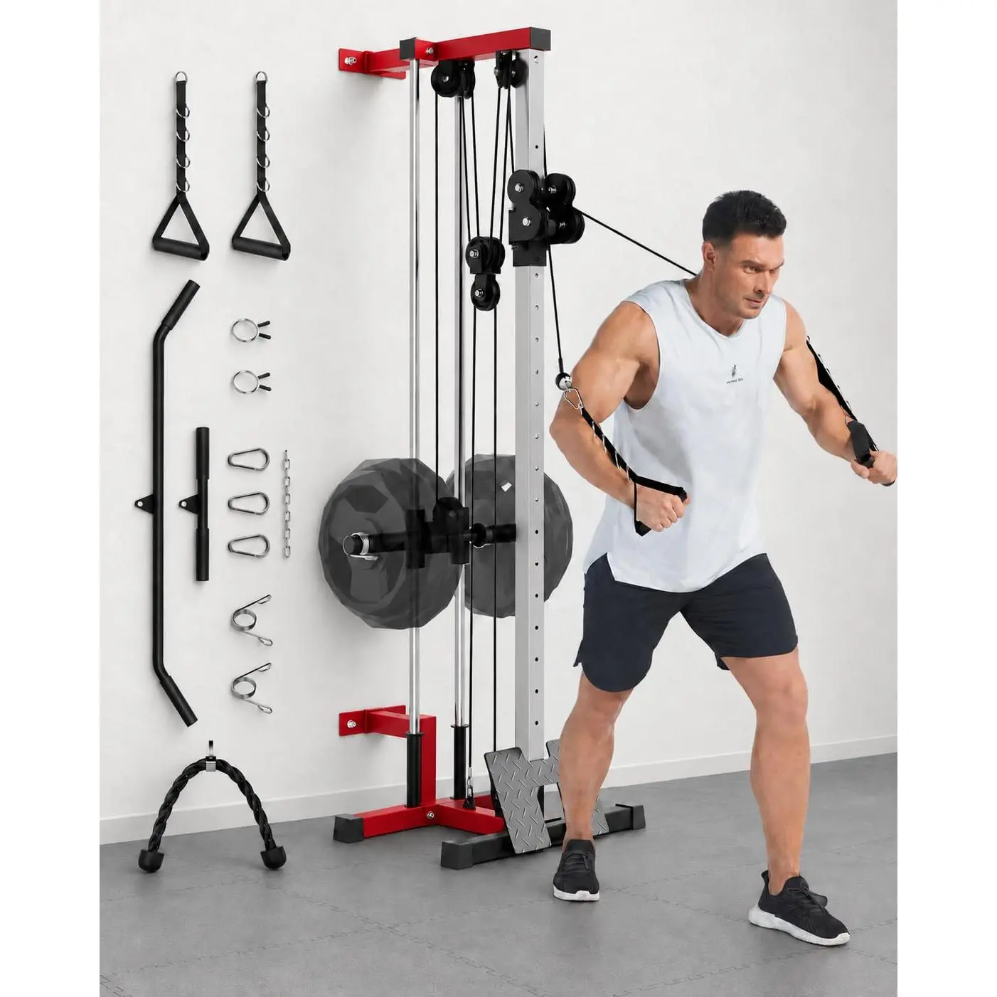 Garvee Wall Mount Cable Machine, Dual Pulley Cable Crossover System with 19 Adjustable Positions & 400LBS Capacity - All-in-1 Home Gym Equipment with Accessories for Strength Training
