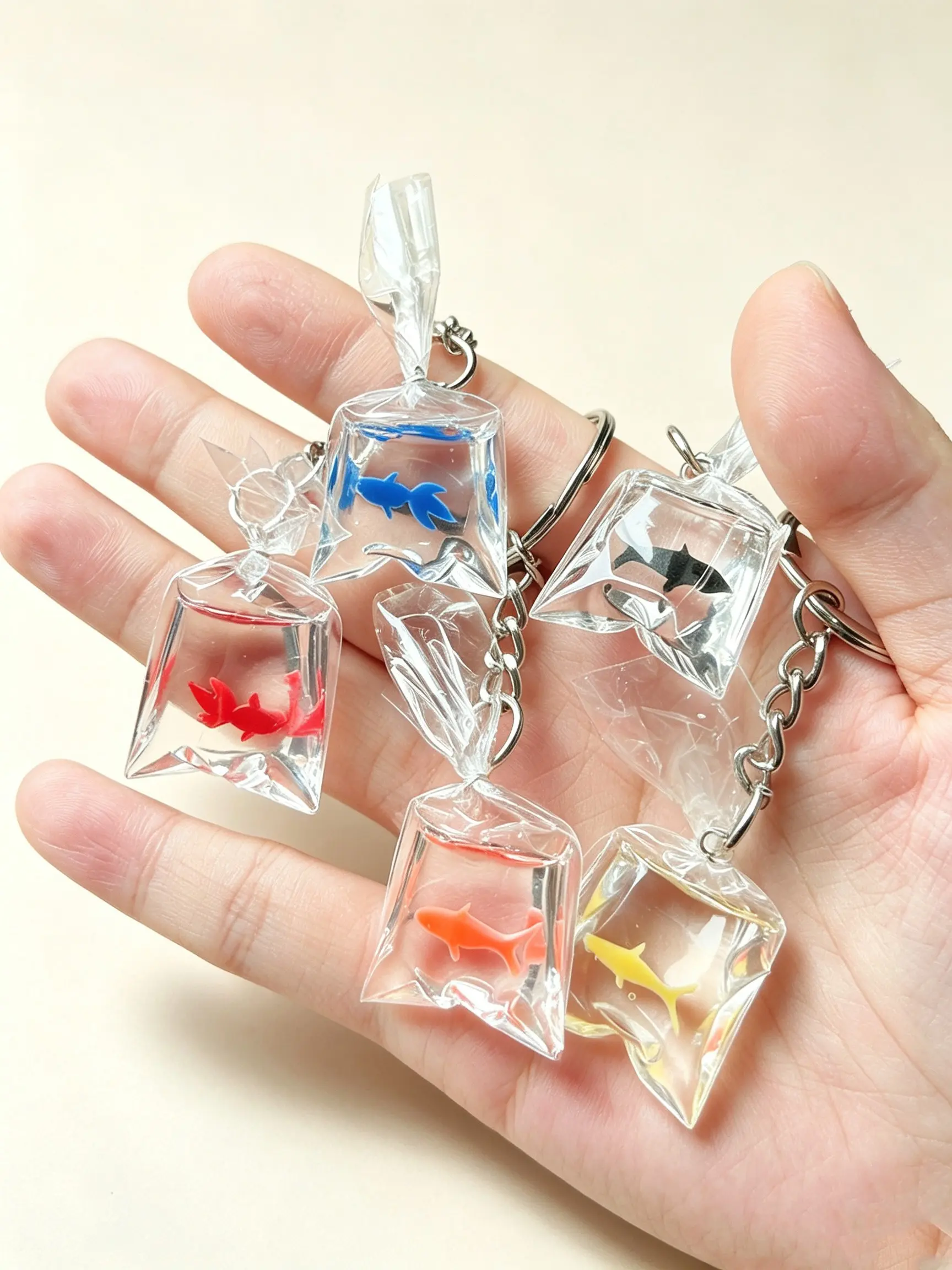 5pcs Transparent Water Bag Keychains, Goldfish Shark Resin Key Rings, Cute Ocean Animal Backpack Pendants, Perfect Gift Idea