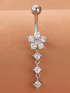Plum Blossom Belly Button Ring, Stainless Steel Zircon Embedded, Floral Tassel Pendant, Body Piercing Jewelry, Unique Accessory