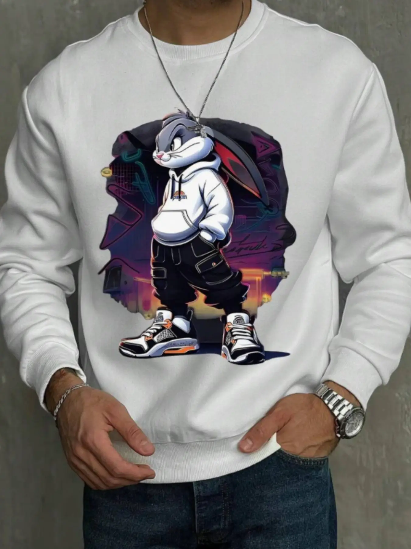 Men's Crewneck Sweatshirt with Cartoon Rabbit Print, Long Sleeve Fashion Pullover, Casual Letter Design, Unisex Streetwear Top