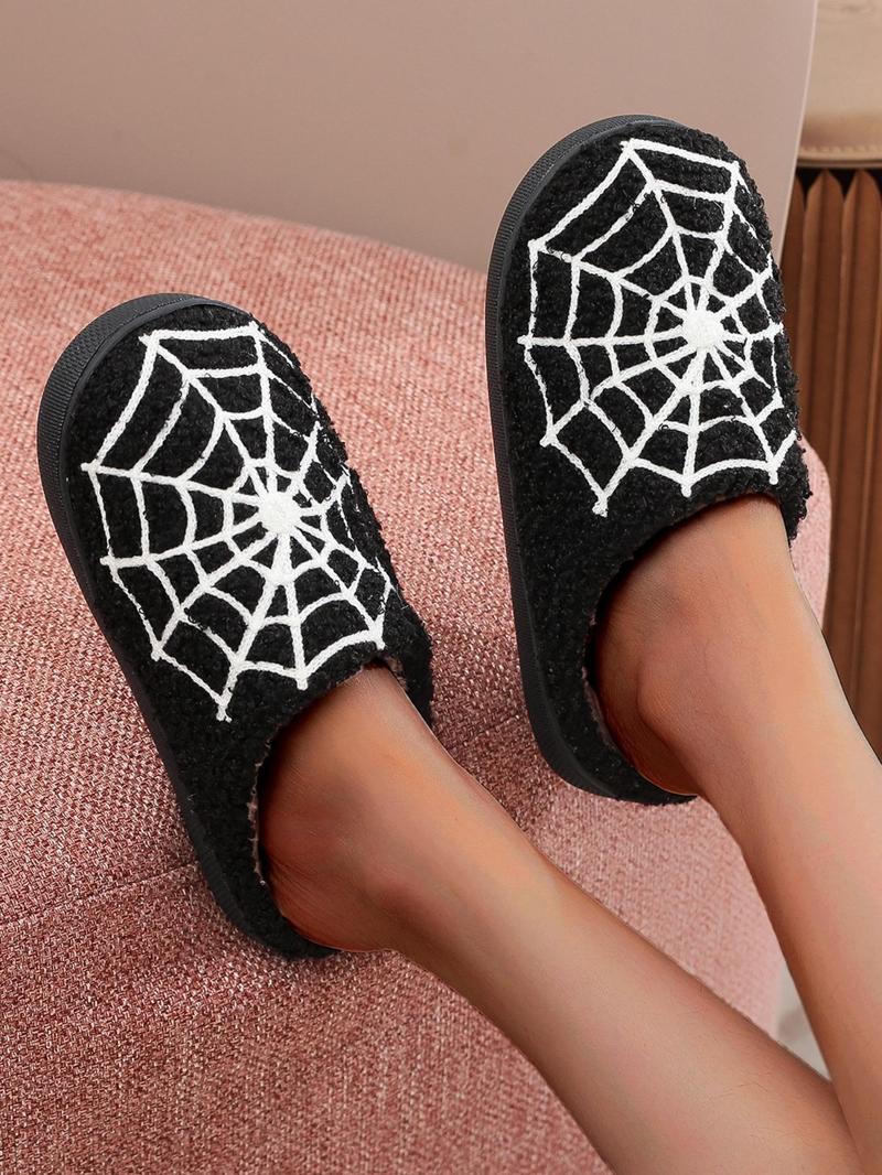 Cute Spider Web Print Plush Slippers for Women, 2024 New Style Soft Comfort House Slippers As Gifts, Warm Slippers for Girl Indoor & Outdoor Use for All Seasons Walking Shoes