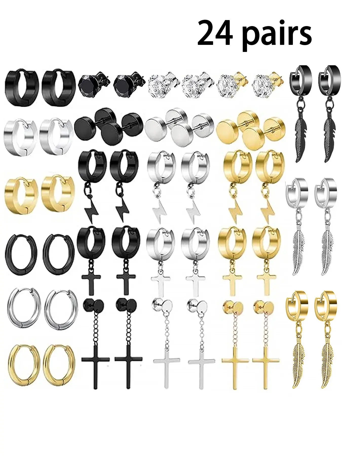 24 Pairs Stainless Steel Earrings, Low Allergy Cubic Zirconia Studs, Punk Style, Unisex, Cross Dangle, All Seasons, Plated with Precious Metal