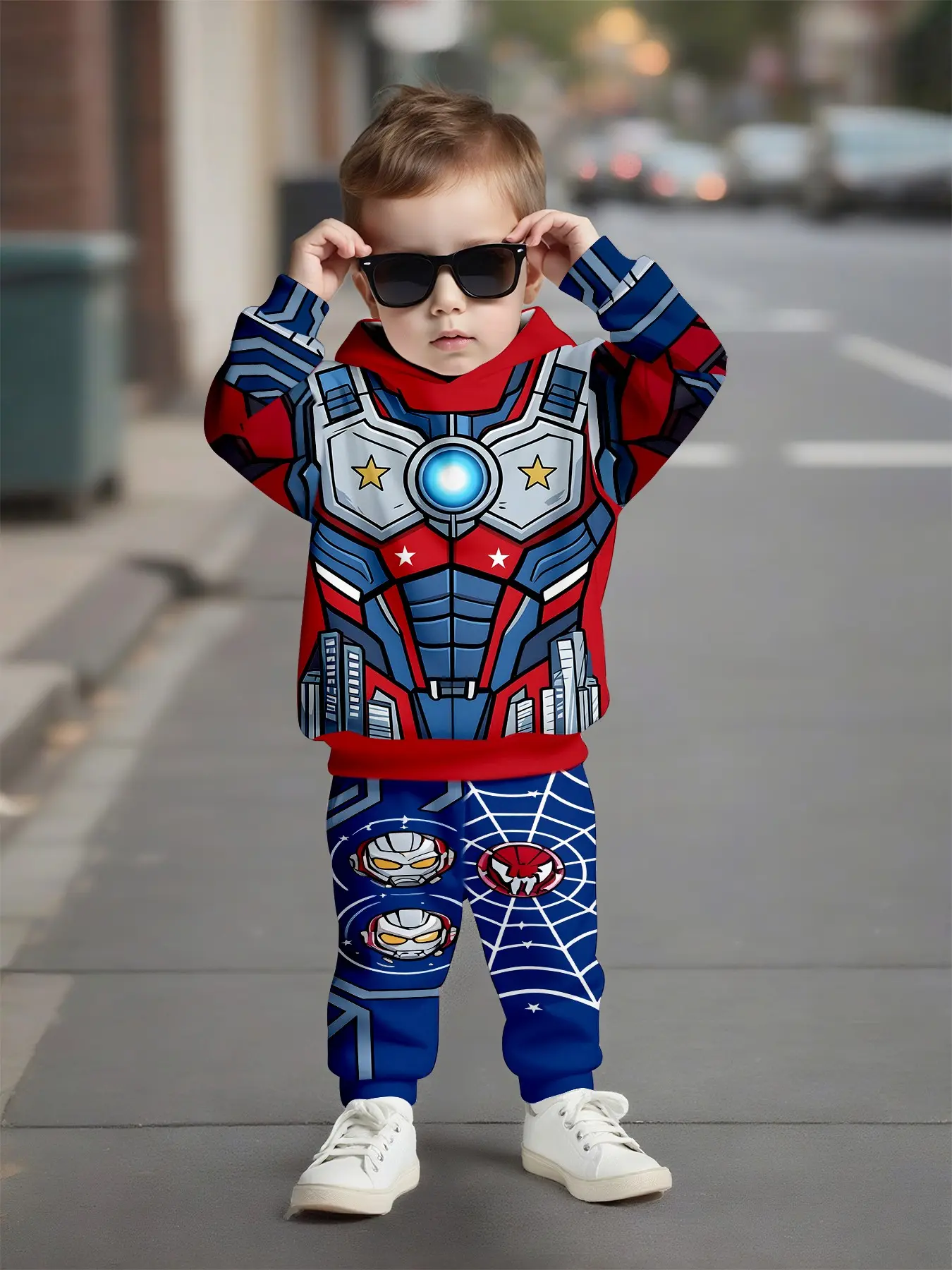 Kids Cartoon Mech Hero Full Print Hoodie Set, Blue Spider-Man Robot Boy Long Pants Two-Piece Set, Fall Winter Casual Suit