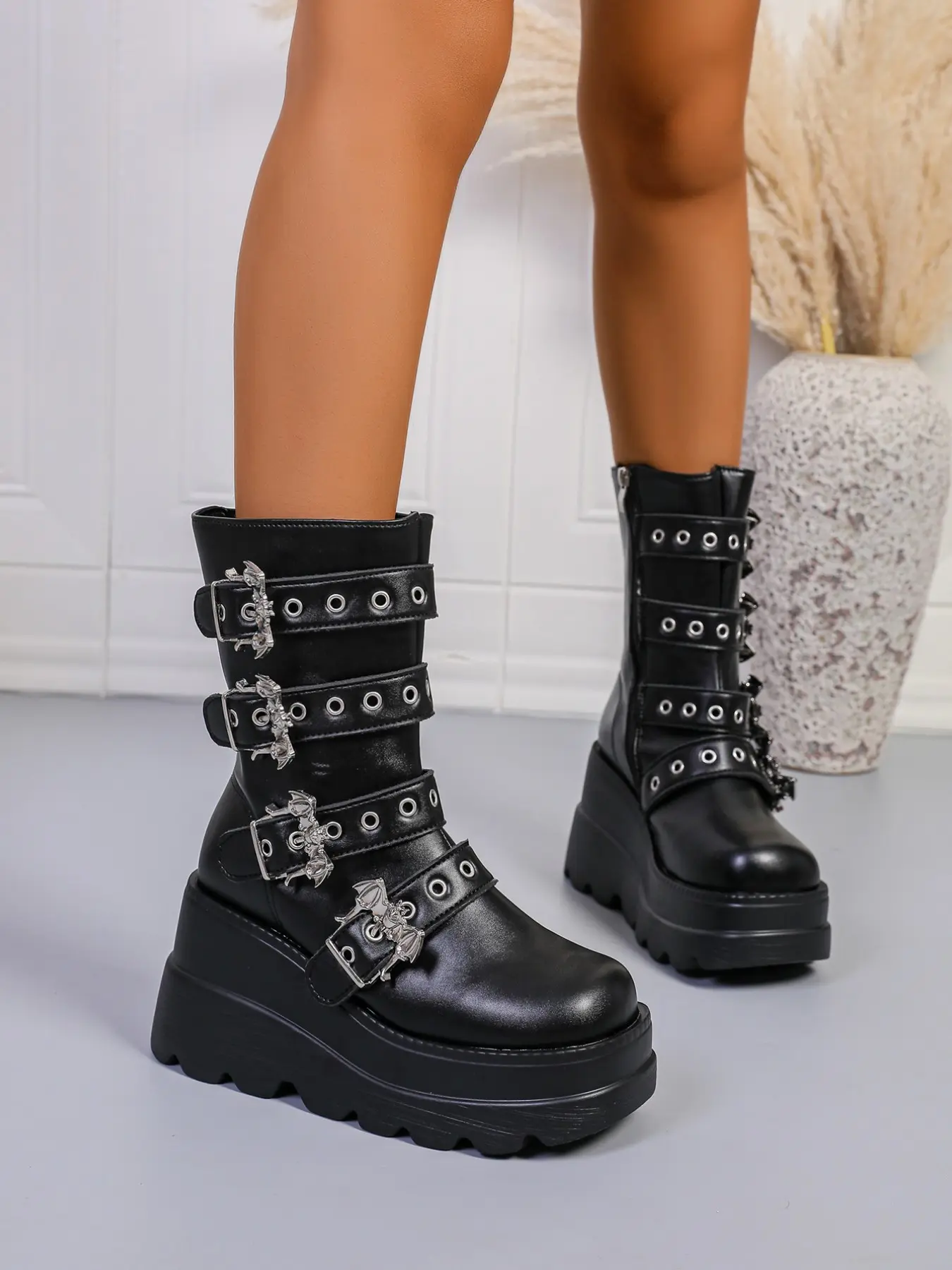 Dark Style Mid-Calf Boots, High Heel Thick Sole Invisible Height Boost, Multi-Row Metal Buckles, Side Zipper Convenience, Fashion Women's Boots