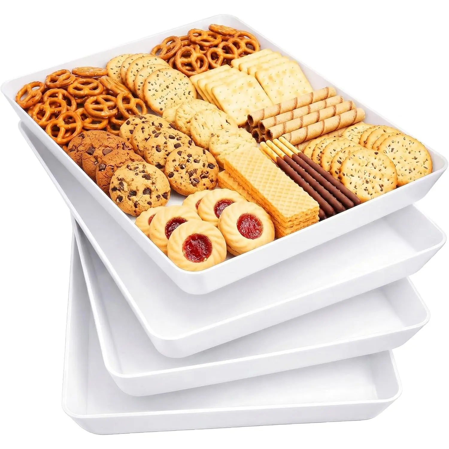 16" x 12" Extra Large Plastic Serving Trays for Party, 4 Pack Reusable White Food Platters for Cookies, Desserts, Fruit, Appetizers & Charcuterie, BPA-Free Catering Trays for Parties & Buffets