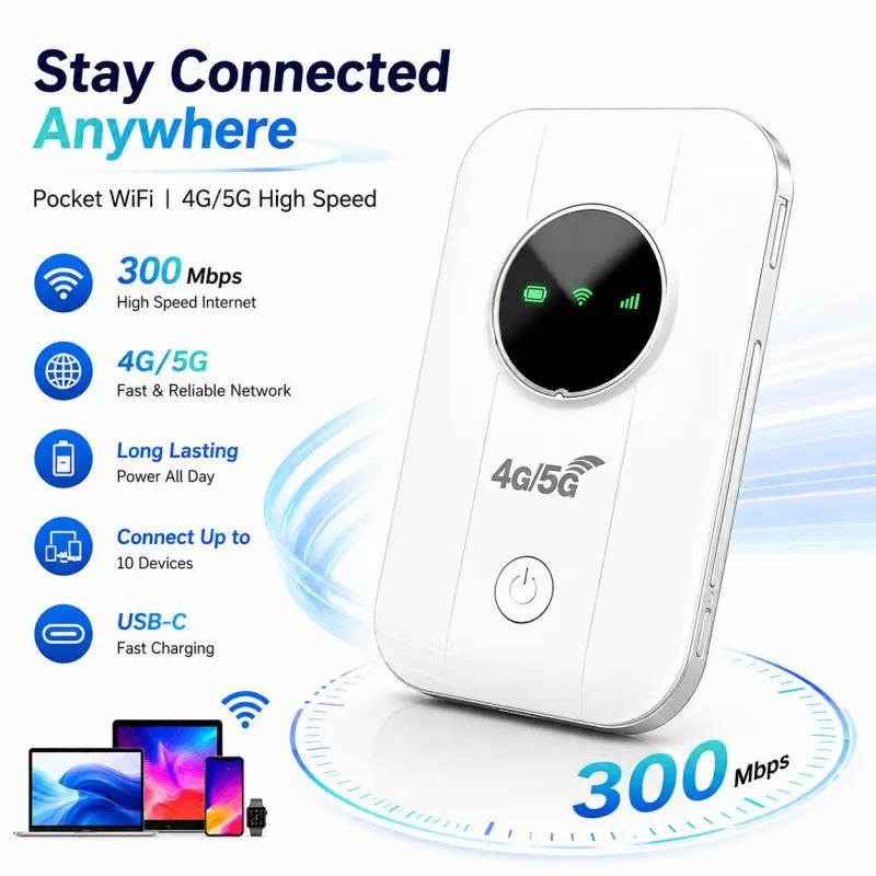 Mobile Hotspot Router, Portable 4G LTE WiFi Router with 300Mbps High-Speed Internet, 2100mAh Built in Battery, Supports Up to 10 Devices, Compact Travel WiFi Hotspot for Camping, RV, Business Trips and Daily Use