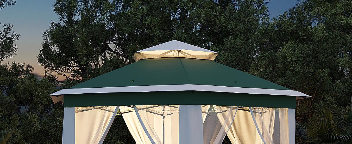 13x13FT Pop-Up Gazebo, Hexagonal Outdoor Canopy Tent with Mosquito Netting, Dual Vent Roof Awning with 6 Sided Sun Shelter, UV Resistant Height Adjustable for Patio, Backyard - Light Khaki + Beige