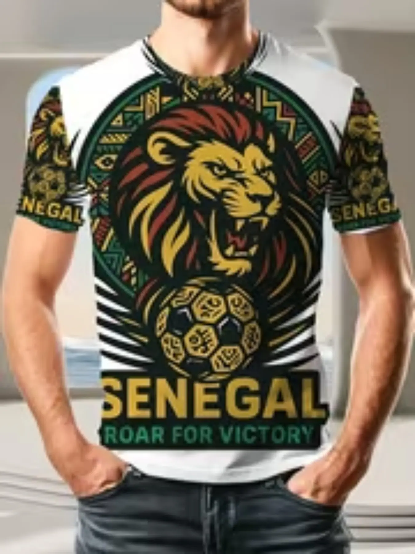 Men's Polyester Senegal Football Lion Pattern T-Shirt, Roar Victory Theme Short Sleeve, African Tribal Print Casual Streetwear Top, Casual Style Tee, Breathable Lightweight