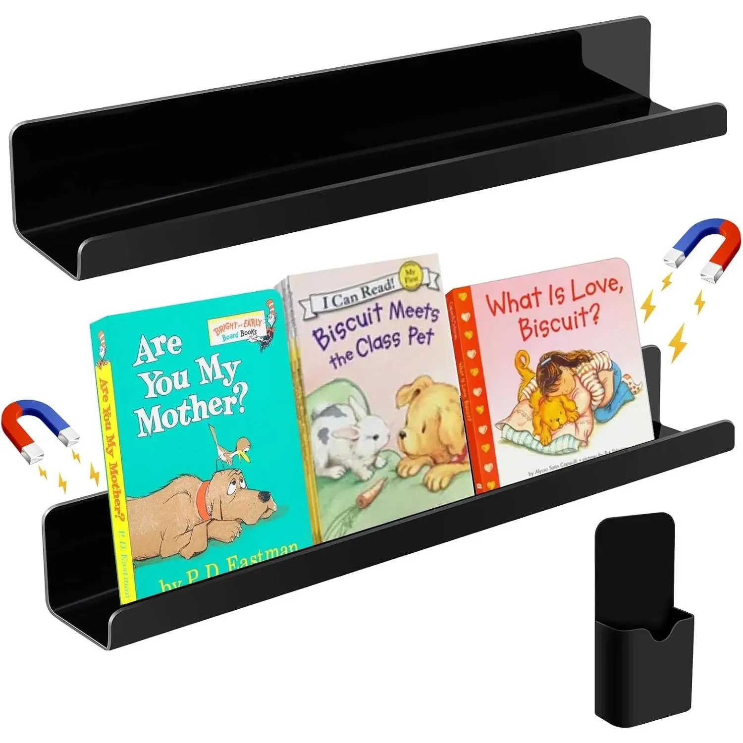 2 Pcs Magnetic Book Shelf for Whiteboard Teacher Classroom, Magnetic Book Holder Display Shelves with a Pen Container for Classroom Furniture Office (Black)