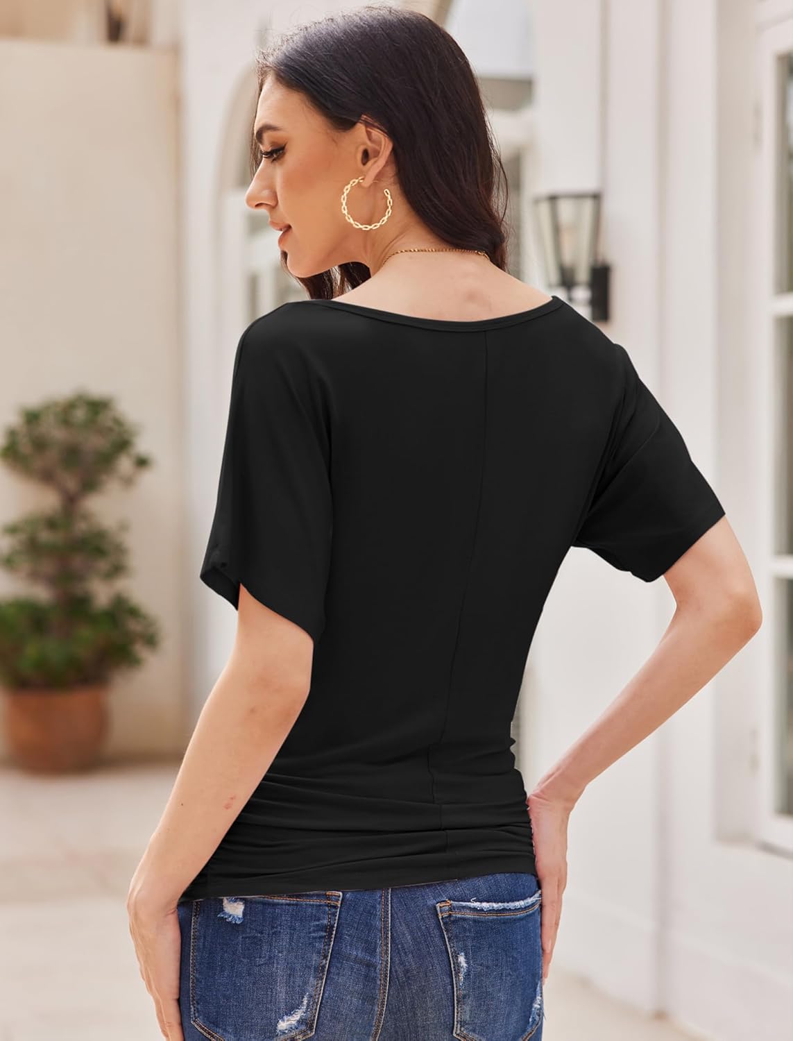Womens Ruched Tops Casual T Shirts Dolman Short Sleeve Shirts Boat Neck Summer Off Shoulder Batwing Tops 2026